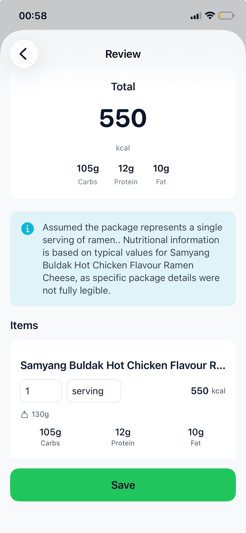 Example food import showing calories and macros