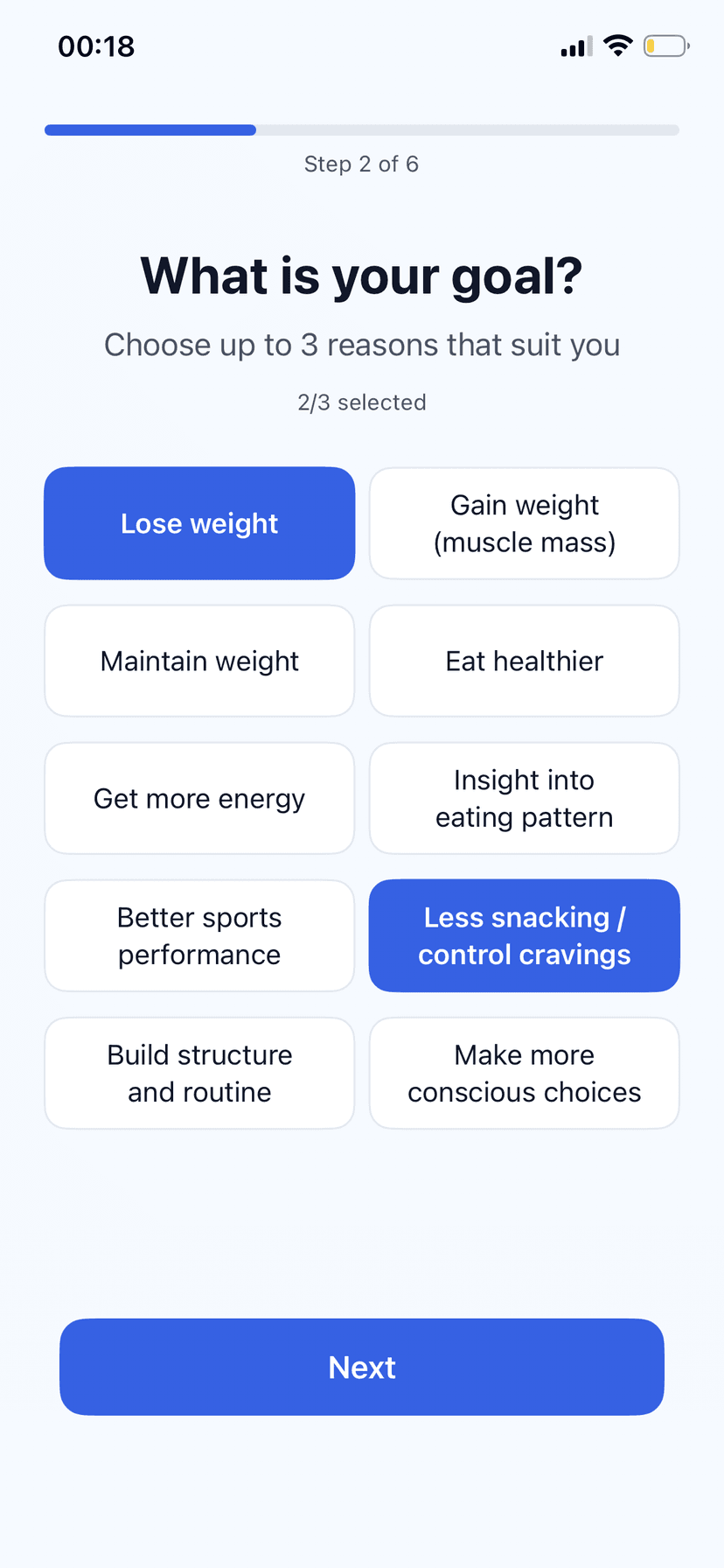 Choose your goal screen