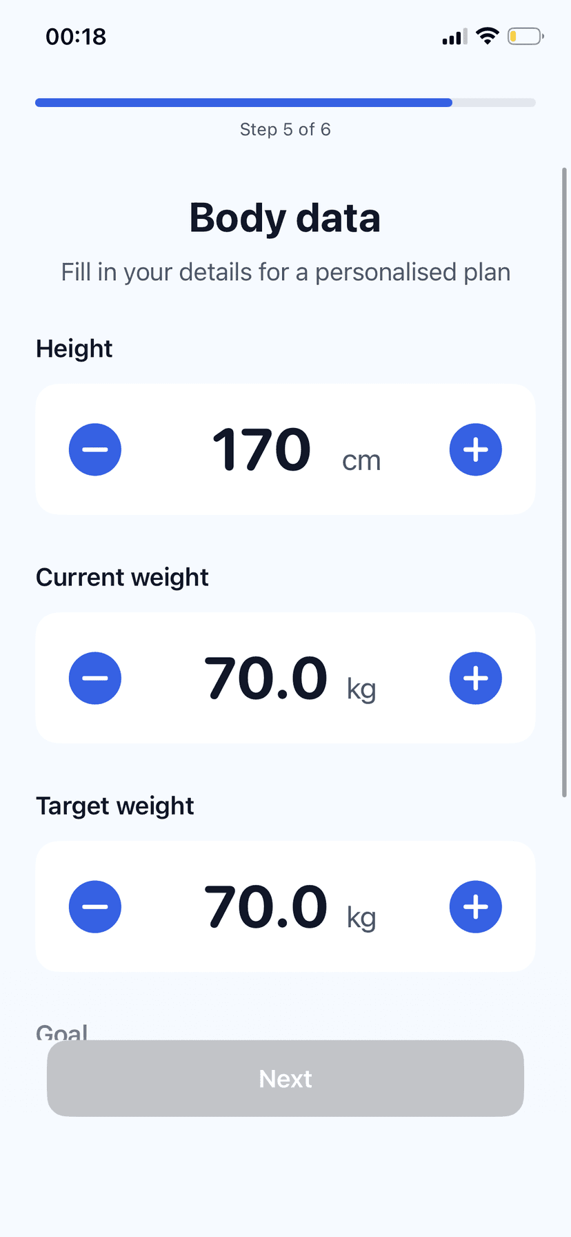 Weight input screen